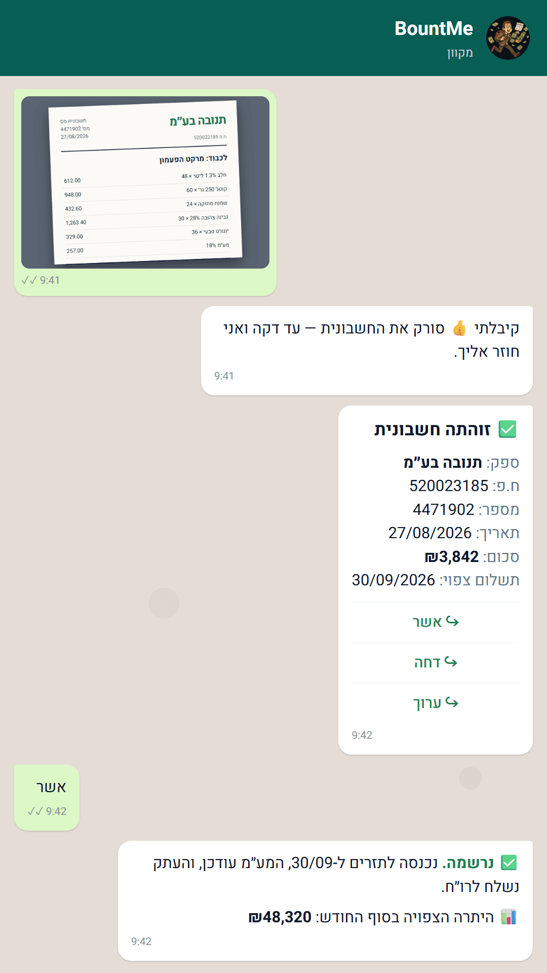 שיחת וואטסאפ: חשבונית מצולמת, כרטיס אישור, ואישור שנרשמה